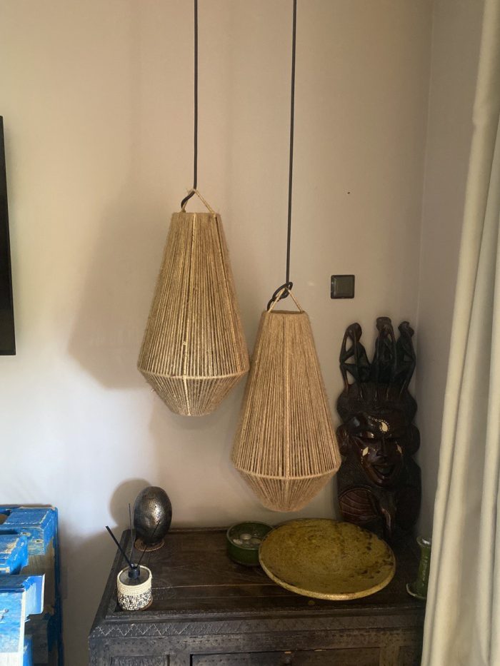 Set of 2 handmade rope pendant lights in elongated teardrop shape