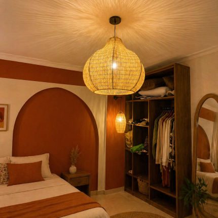Sculptural raffia pendant light with rounded handmade Moroccan woven shade
