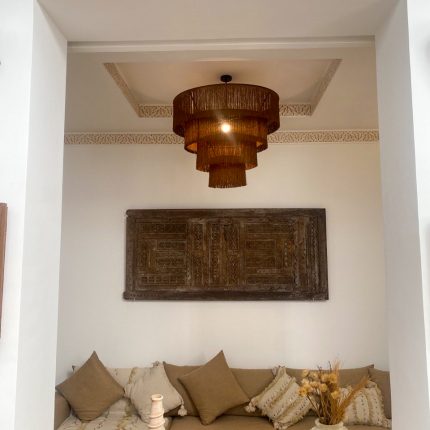 Moroccan Hdoum fringe pendant lamp with handmade tiered natural fibers