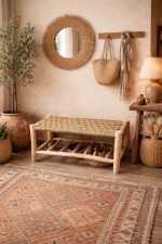 Handgemaakte Houten Bank met Geïntegreerde Schoenenopslag