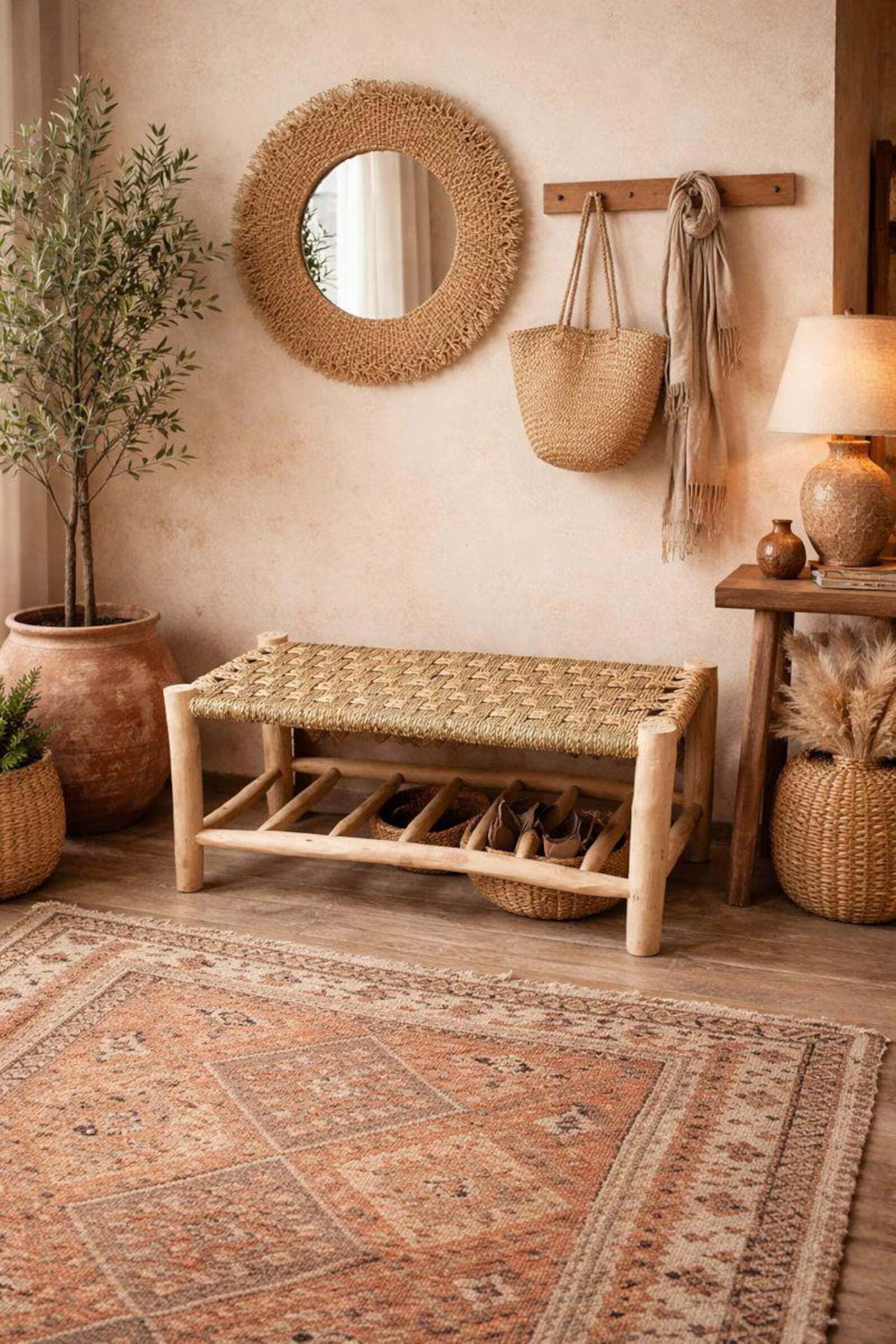 il_1588xN.7575696629_lk0p Handgemaakte Houten Bank met Geïntegreerde Schoenenopslag - Afbeelding 1