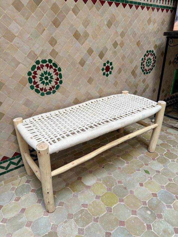 White Cord Bench Handmade Solid Wood Woven Moroccan Entryway Bench