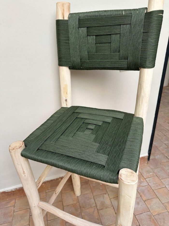 Marokkaanse Boho Barkruk met Groen Touw – Handgemaakte Houten Kruk - Afbeelding 4