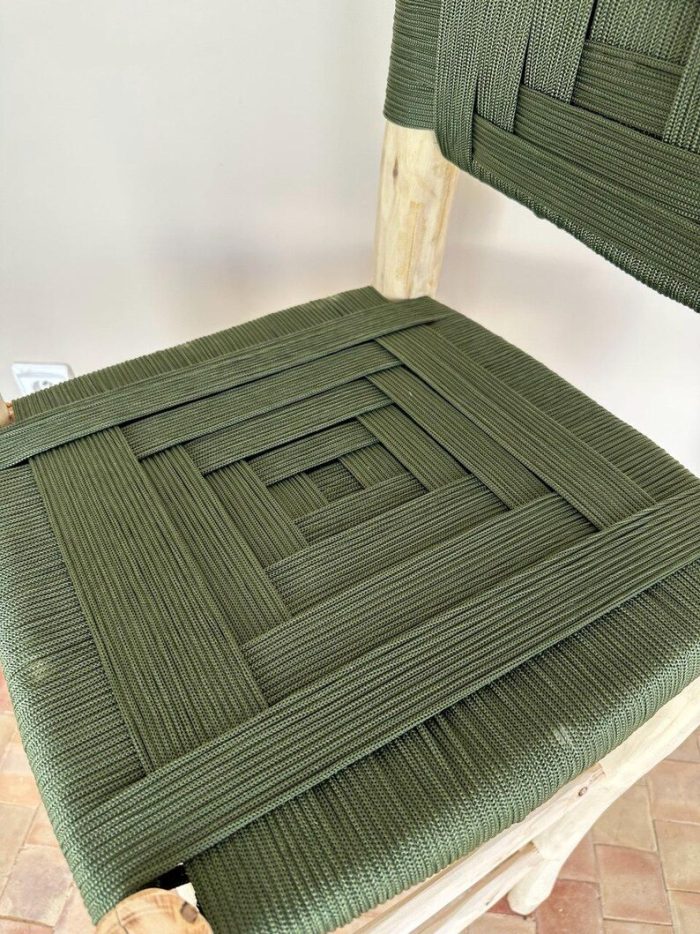 Marokkaanse Boho Barkruk met Groen Touw – Handgemaakte Houten Kruk - Afbeelding 3