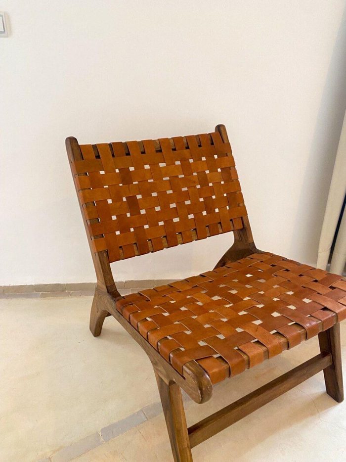 Marokkaanse Fauteuil van Walnoothout met Bruin Leer – Handgemaakte Lounge Stoel - Afbeelding 5