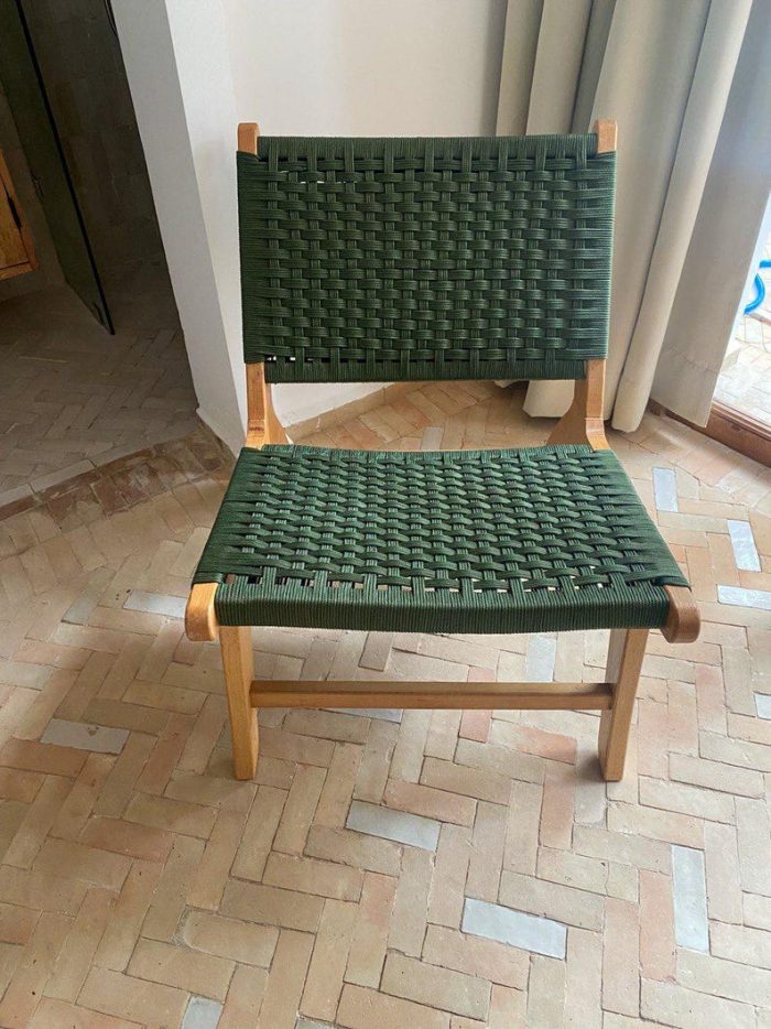 Marokkaanse Fauteuil van Walnoothout met Groen Koord – Handgeweven Relaxstoel - Afbeelding 2