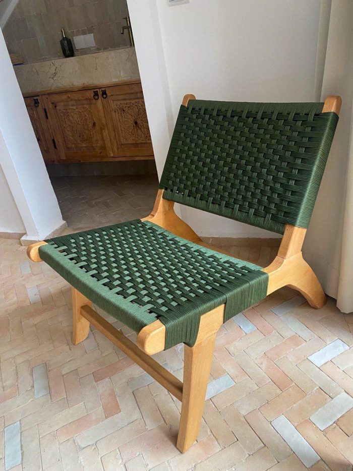 Marokkaanse Fauteuil van Walnoothout met Groen Koord – Handgeweven Relaxstoel - Afbeelding 5