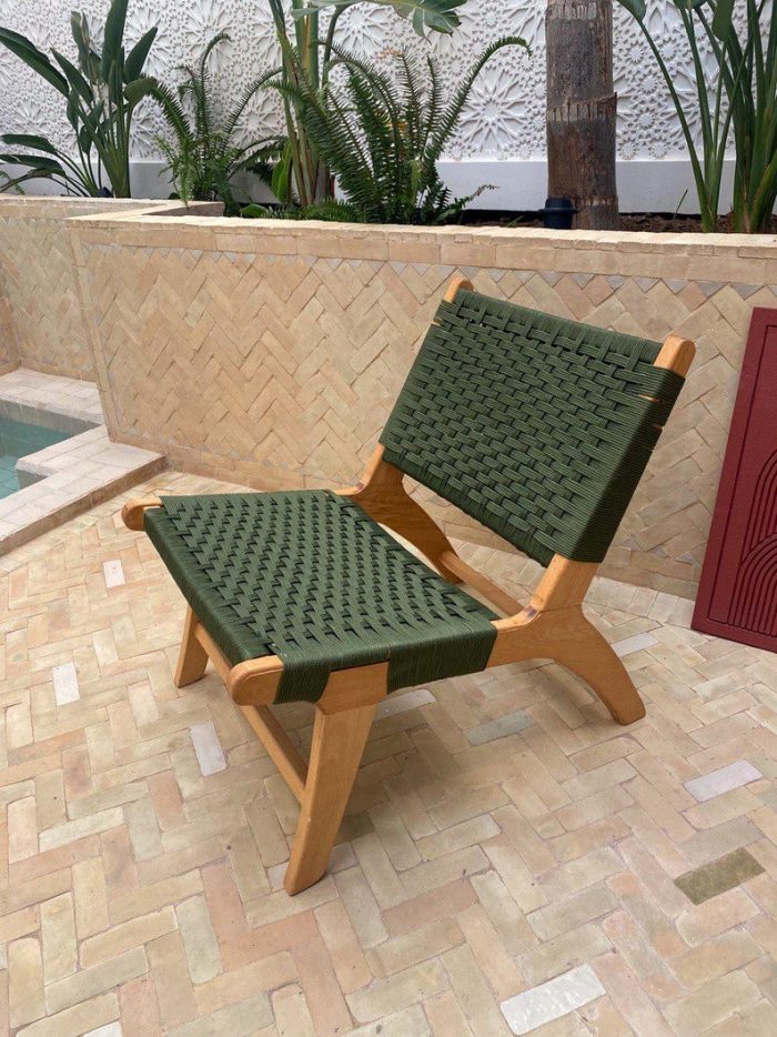 Marokkaanse Fauteuil van Walnoothout met Groen Koord – Handgeweven Relaxstoel - Afbeelding 3