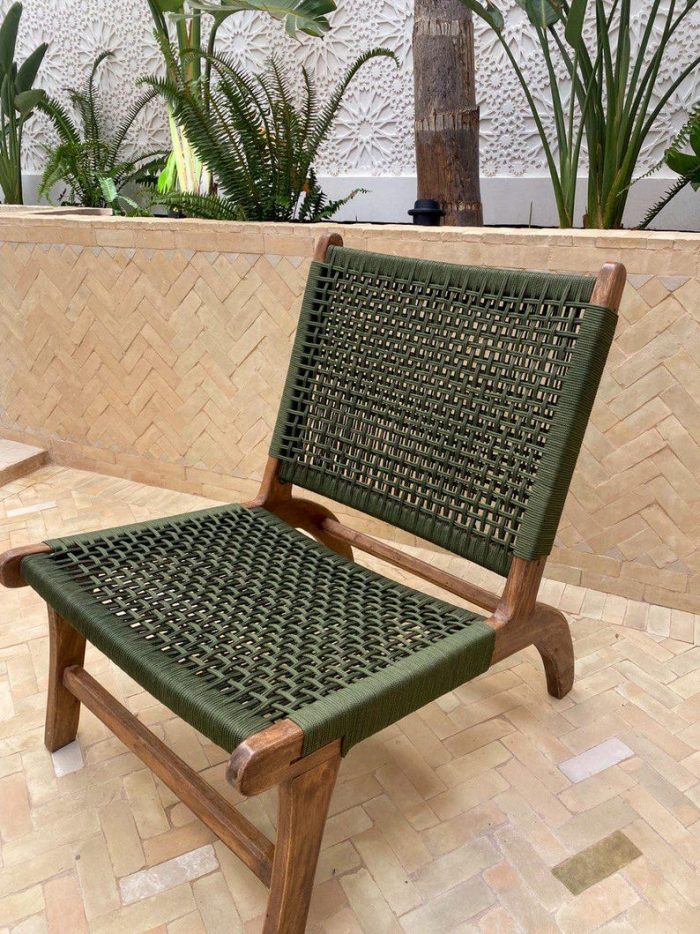 Marokkaanse Fauteuil van Walnoothout met Groen Koord – Handgeweven Relaxstoel - Afbeelding 4