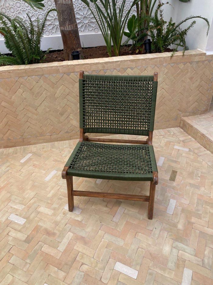 Marokkaanse Fauteuil van Walnoothout met Groen Koord – Handgeweven Relaxstoel - Afbeelding 5