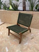 Marokkaanse Fauteuil van Walnoothout met Groen Koord – Handgeweven Relaxstoel