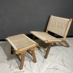 Marokkaanse Walnoothouten Fauteuil & Ottoman Set met Koord