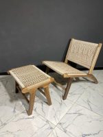 Marokkaanse Walnoothouten Fauteuil & Ottoman Set met Koord