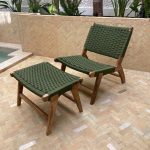 Marokkaanse Walnoothouten Fauteuil & Ottoman Set met Groen Koord
