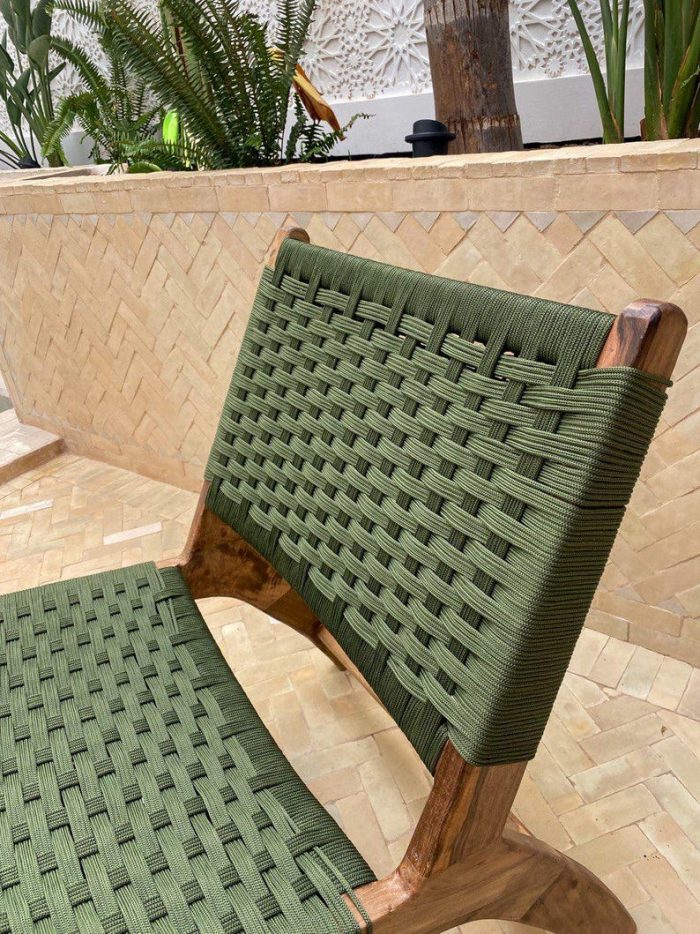 Marokkaanse Walnoothouten Fauteuil & Ottoman Set met Groen Koord - Afbeelding 2