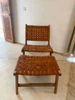 Marokkaanse Walnoothouten Fauteuil & Ottoman Set met Leer - Afbeelding 6