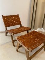 Marokkaanse Walnoothouten Fauteuil & Ottoman Set met Leer - Afbeelding 5