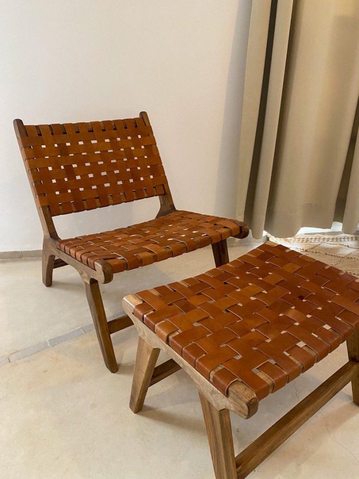 Marokkaanse Walnoothouten Fauteuil & Ottoman Set met Leer - Afbeelding 5