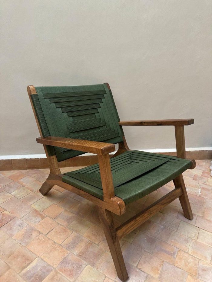 Walnoothouten Fauteuil met Groen Koord Zitting - Afbeelding 5