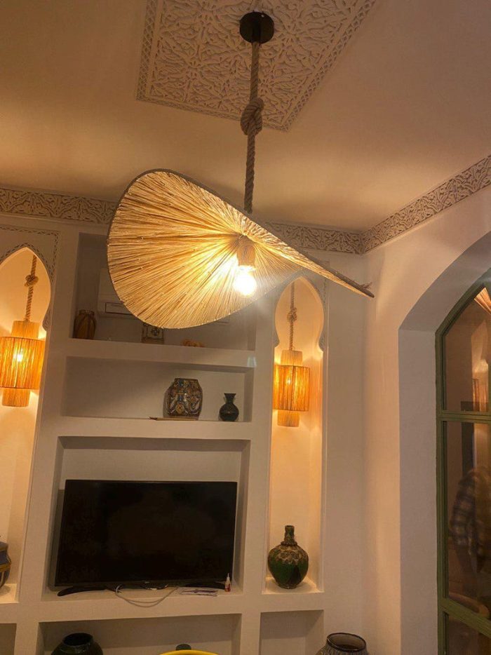 Handgemaakte Raffia Hanglamp – Marokkaanse Parasol Lampenkap - Afbeelding 3