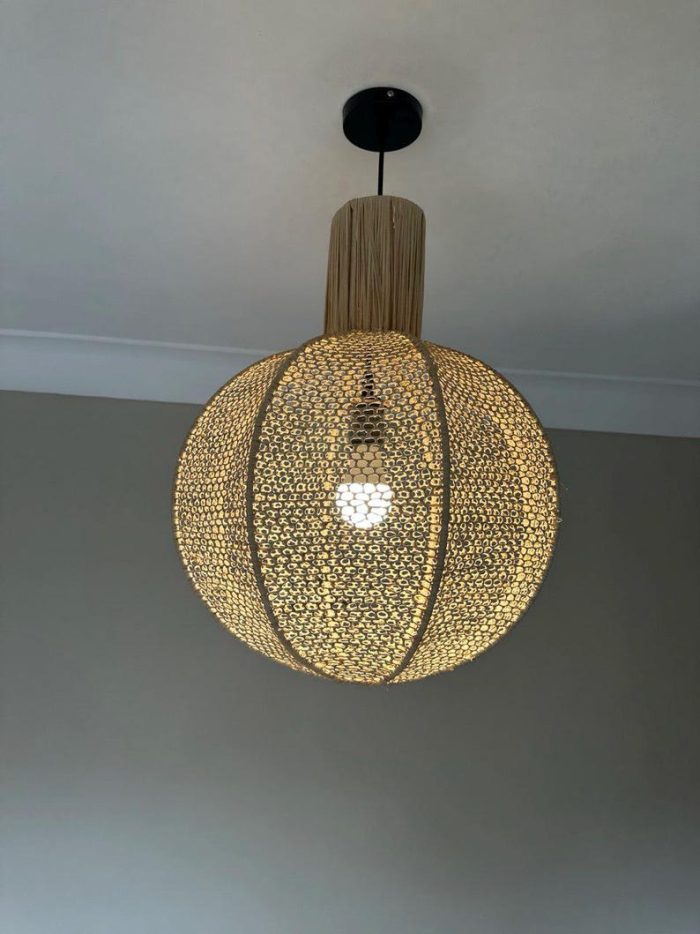 Natuurlijke Raffia Hanglamp – Ronde Geweven Plafondlamp - Afbeelding 2
