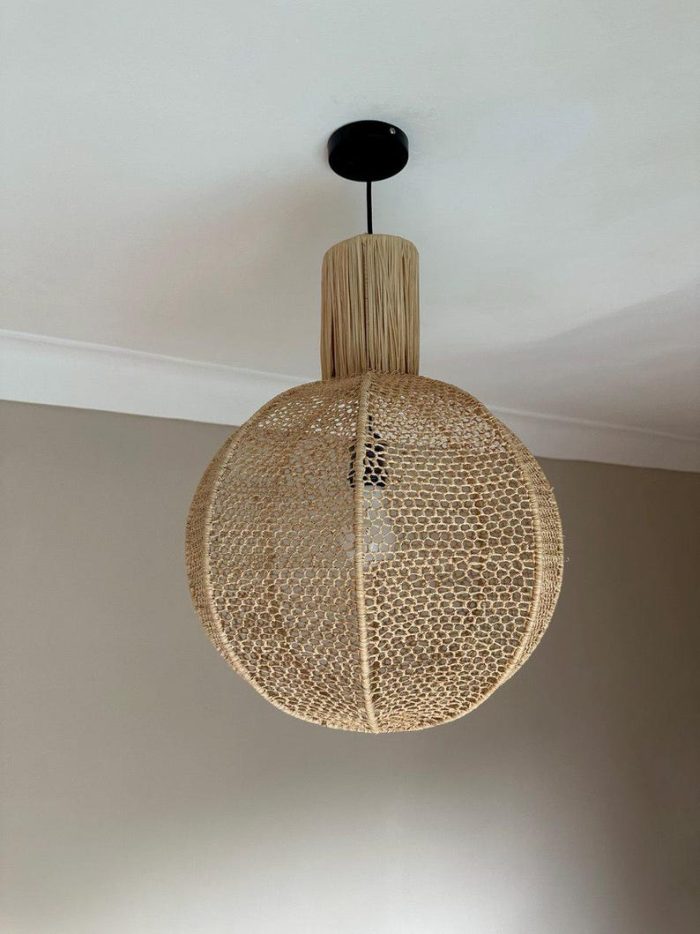 Natuurlijke Raffia Hanglamp – Ronde Geweven Plafondlamp - Afbeelding 6