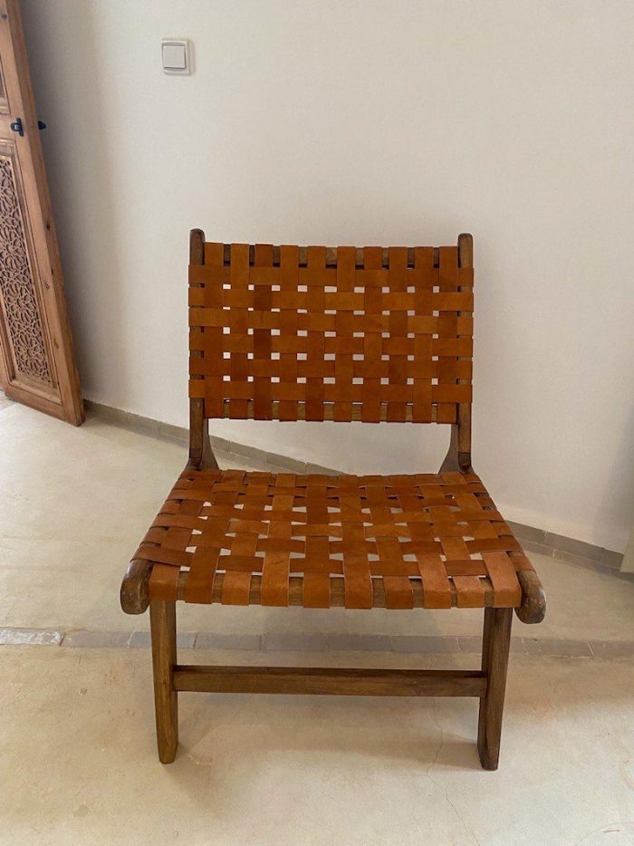 Marokkaanse Fauteuil van Walnoothout met Bruin Leer – Handgemaakte Lounge Stoel - Afbeelding 6