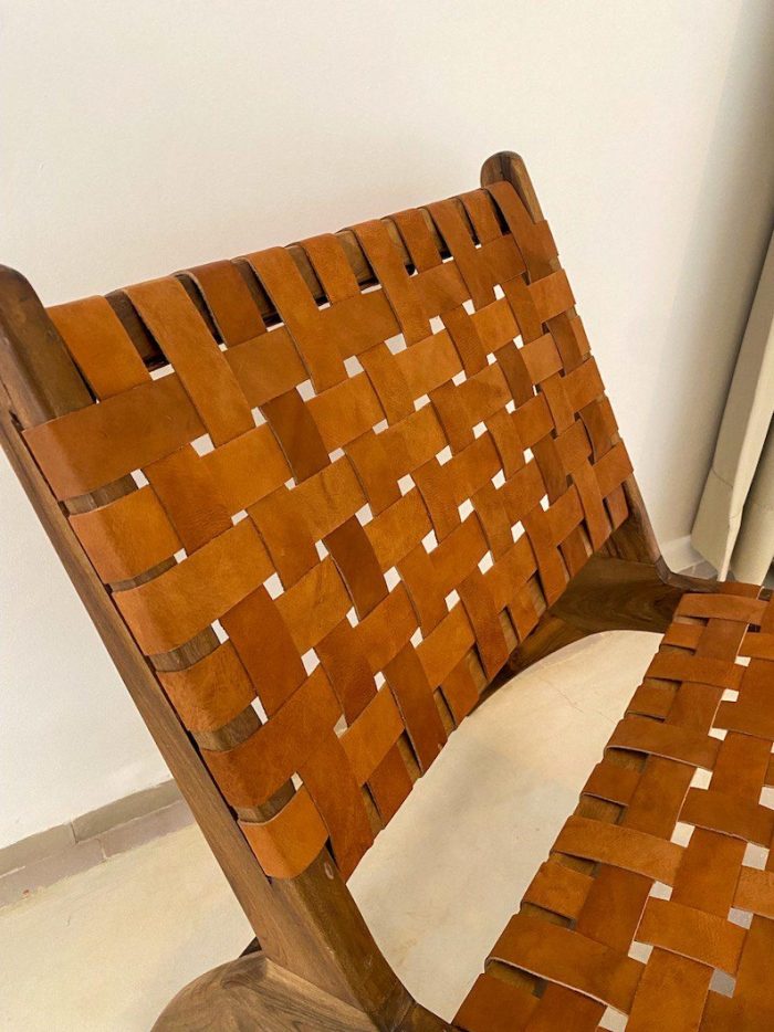 Marokkaanse Fauteuil van Walnoothout met Bruin Leer – Handgemaakte Lounge Stoel - Afbeelding 4