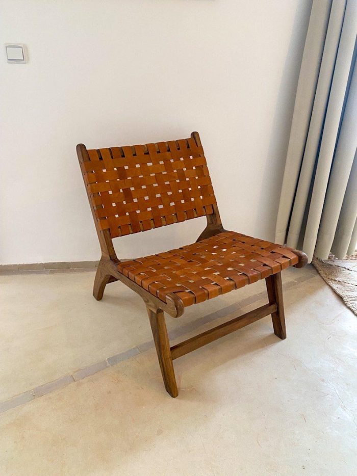 Marokkaanse Fauteuil van Walnoothout met Bruin Leer – Handgemaakte Lounge Stoel - Afbeelding 8