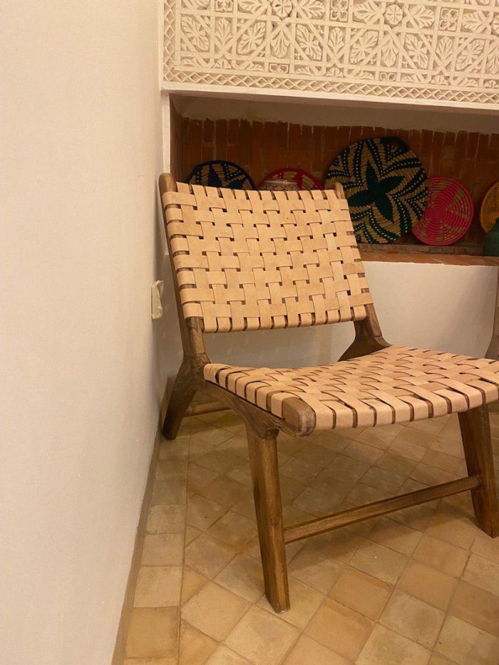 Marokkaanse Fauteuil van Walnoothout met Naturel Leer - Afbeelding 7