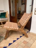 Marokkaanse Fauteuil van Walnoothout met Naturel Leer - Afbeelding 4