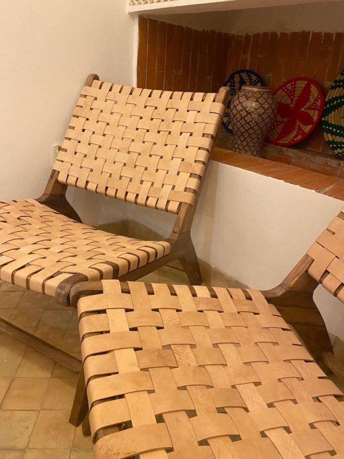 Marokkaanse Fauteuil van Walnoothout met Naturel Leer - Afbeelding 2