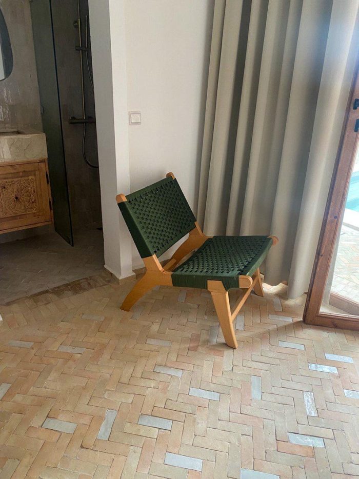 Marokkaanse Fauteuil van Walnoothout met Groen Koord – Handgeweven Relaxstoel - Afbeelding 4