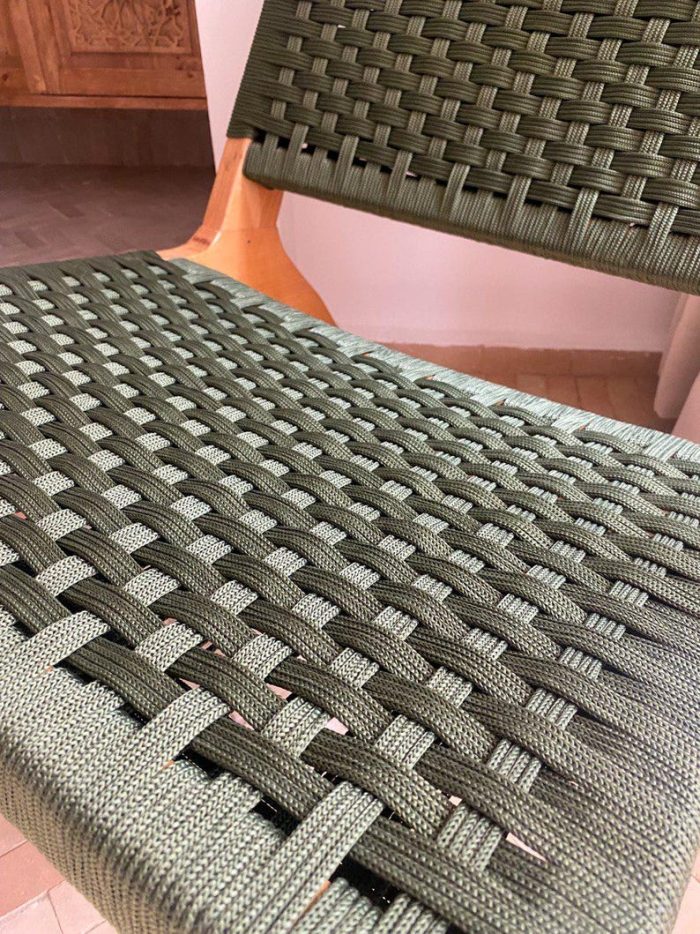 Marokkaanse Fauteuil van Walnoothout met Groen Koord – Handgeweven Relaxstoel - Afbeelding 6