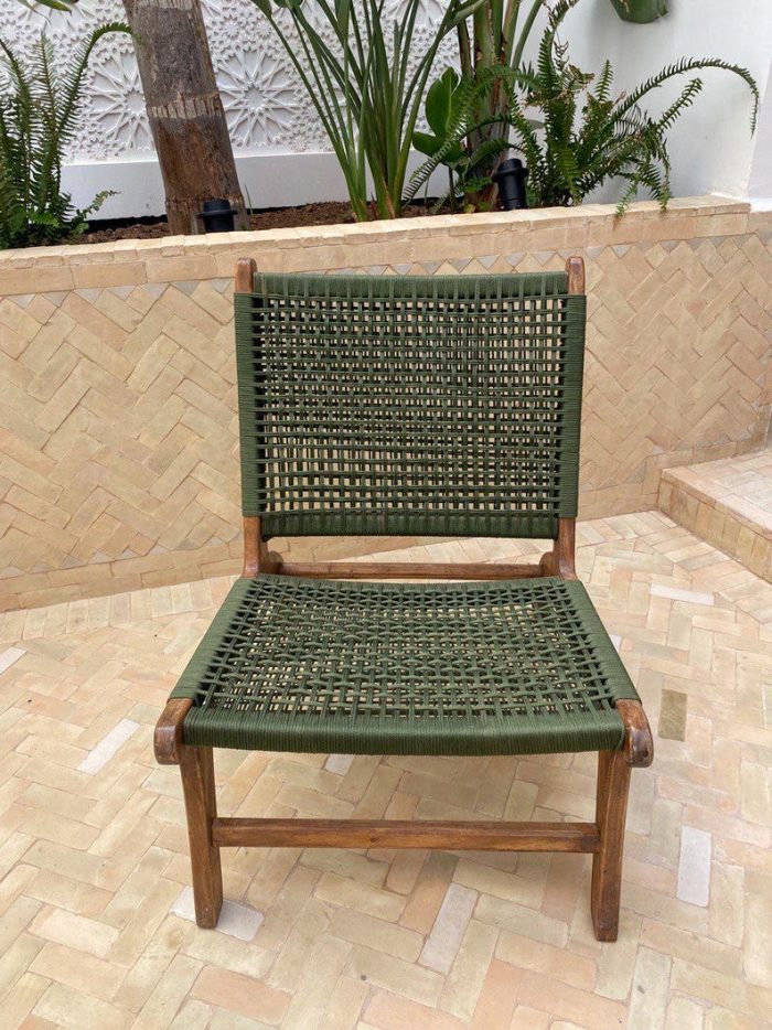 Marokkaanse Fauteuil van Walnoothout met Groen Koord – Handgeweven Relaxstoel - Afbeelding 8