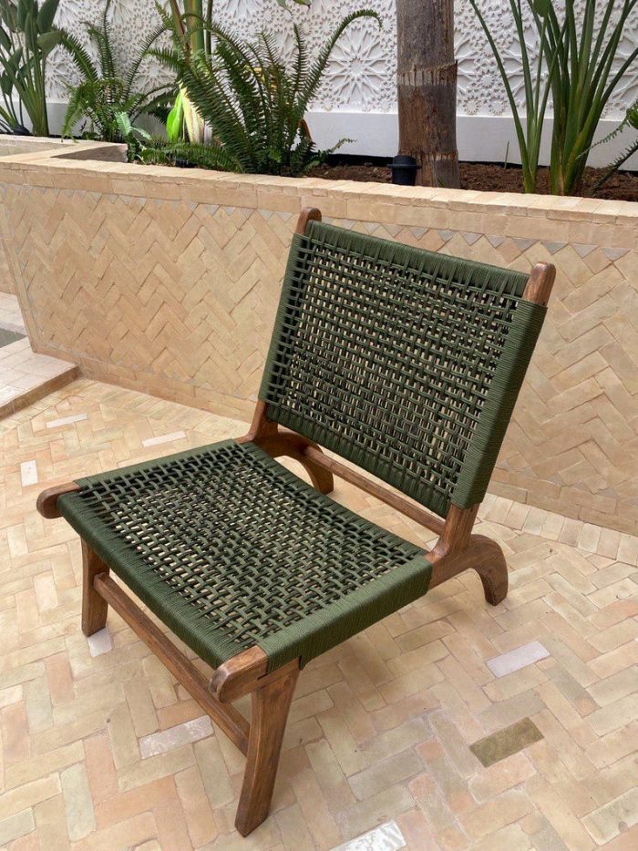 Marokkaanse Fauteuil van Walnoothout met Groen Koord – Handgeweven Relaxstoel - Afbeelding 3