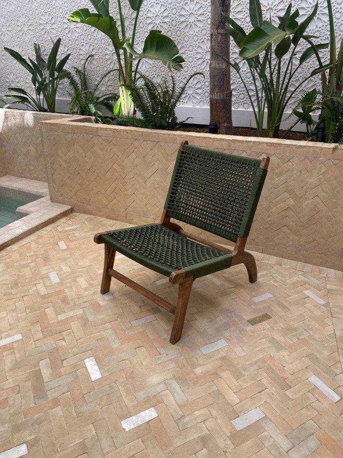 Marokkaanse Fauteuil van Walnoothout met Groen Koord – Handgeweven Relaxstoel - Afbeelding 9
