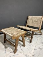 Marokkaanse Walnoothouten Fauteuil & Ottoman Set met Koord - Afbeelding 2