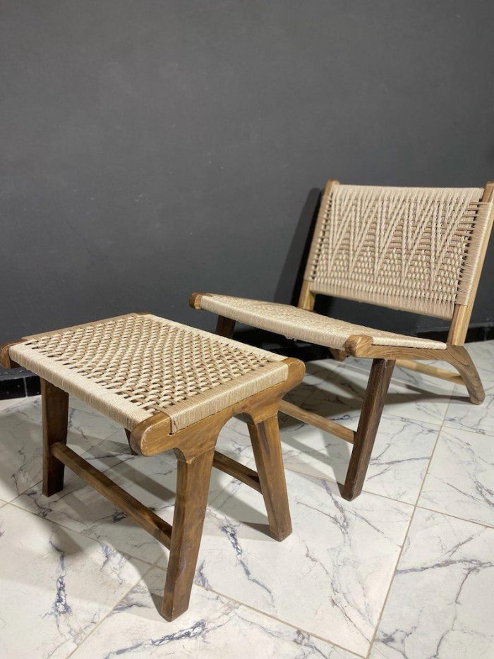 Marokkaanse Walnoothouten Fauteuil & Ottoman Set met Koord - Afbeelding 2