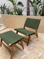 Marokkaanse Walnoothouten Fauteuil & Ottoman Set met Groen Koord - Afbeelding 5