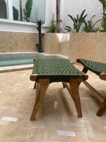 Marokkaanse Walnoothouten Fauteuil & Ottoman Set met Groen Koord - Afbeelding 3