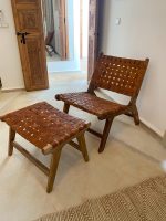 Marokkaanse Walnoothouten Fauteuil & Ottoman Set met Leer - Afbeelding 2