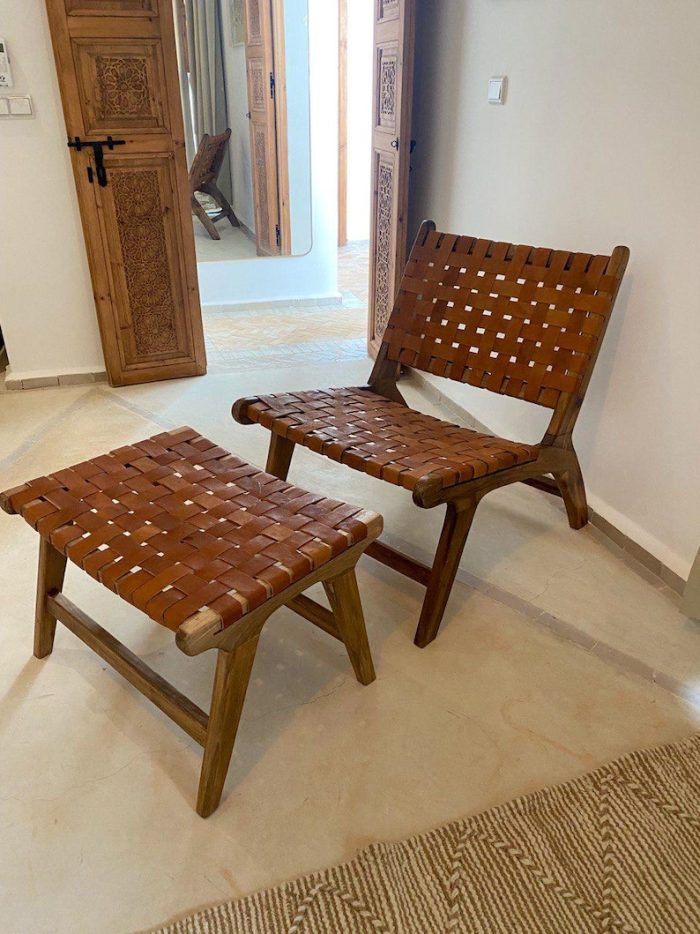 Marokkaanse Walnoothouten Fauteuil & Ottoman Set met Leer - Afbeelding 2