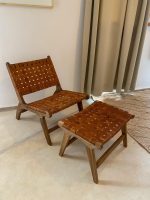 Marokkaanse Walnoothouten Fauteuil & Ottoman Set met Leer - Afbeelding 3