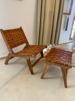 Marokkaanse Walnoothouten Fauteuil & Ottoman Set met Leer - Afbeelding 4