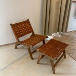 Marokkaanse Walnoothouten Fauteuil & Ottoman Set met Leer