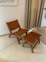 Marokkaanse Walnoothouten Fauteuil & Ottoman Set met Leer