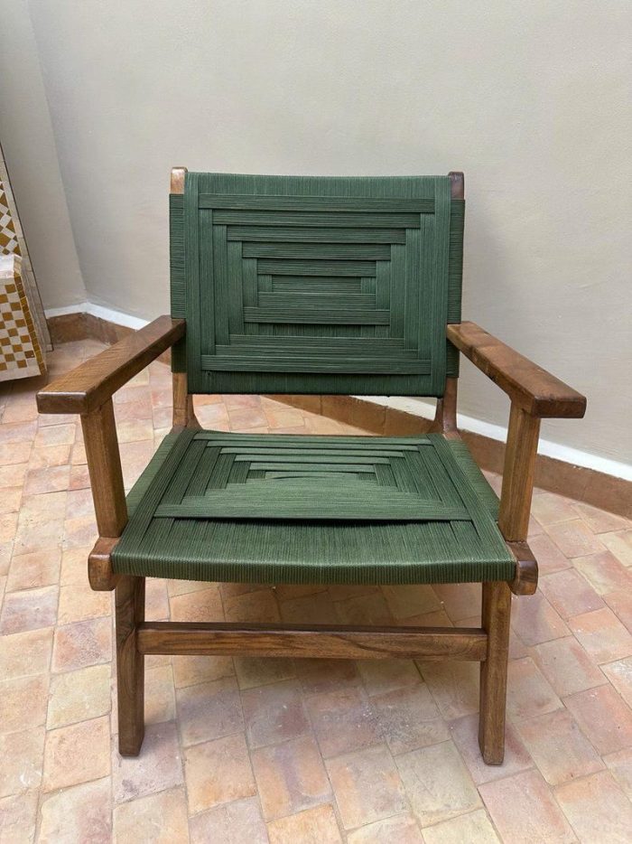 Walnoothouten Fauteuil met Groen Koord Zitting - Afbeelding 6