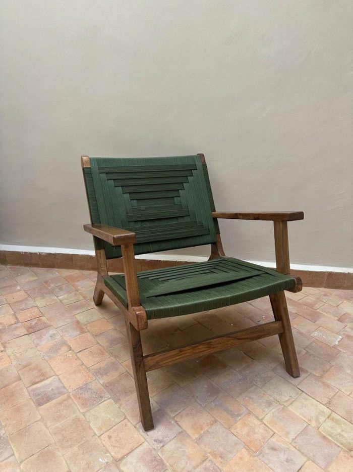 Walnoothouten Fauteuil met Groen Koord Zitting - Afbeelding 3