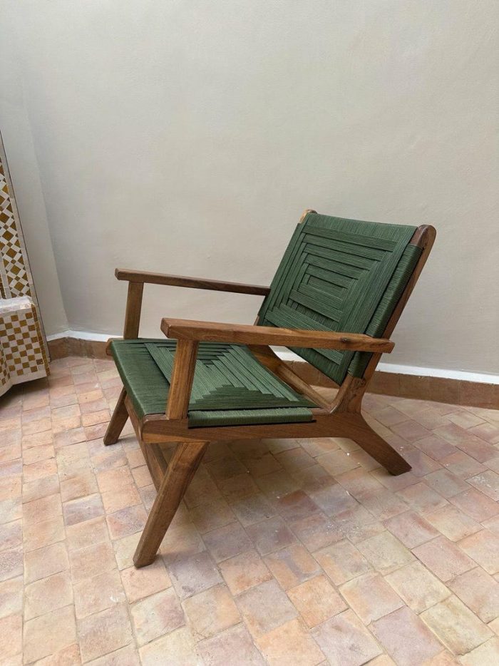 Walnoothouten Fauteuil met Groen Koord Zitting - Afbeelding 4